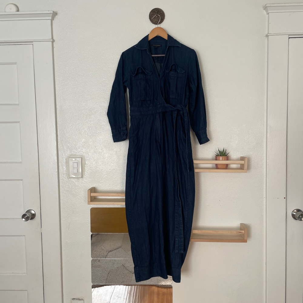 Banana Republic Womens Dark Wash Denim Wrap Front Utility Jumpsuit Indigo Blue